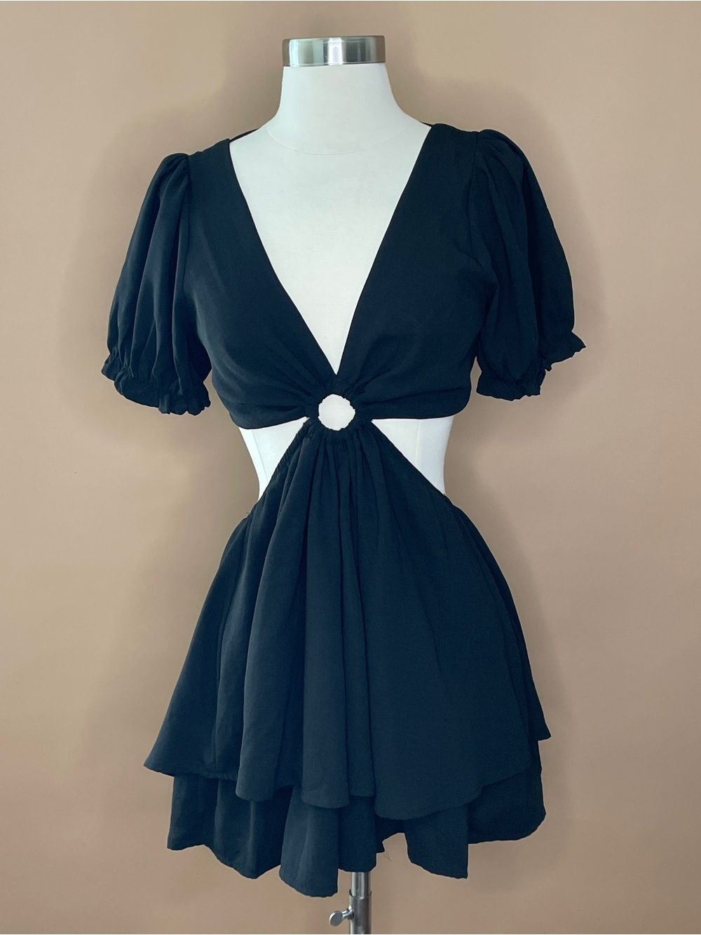 Fashion Nova Can't Deny Me Black Cutout Romper M Puff Sleeve Open Back NWT